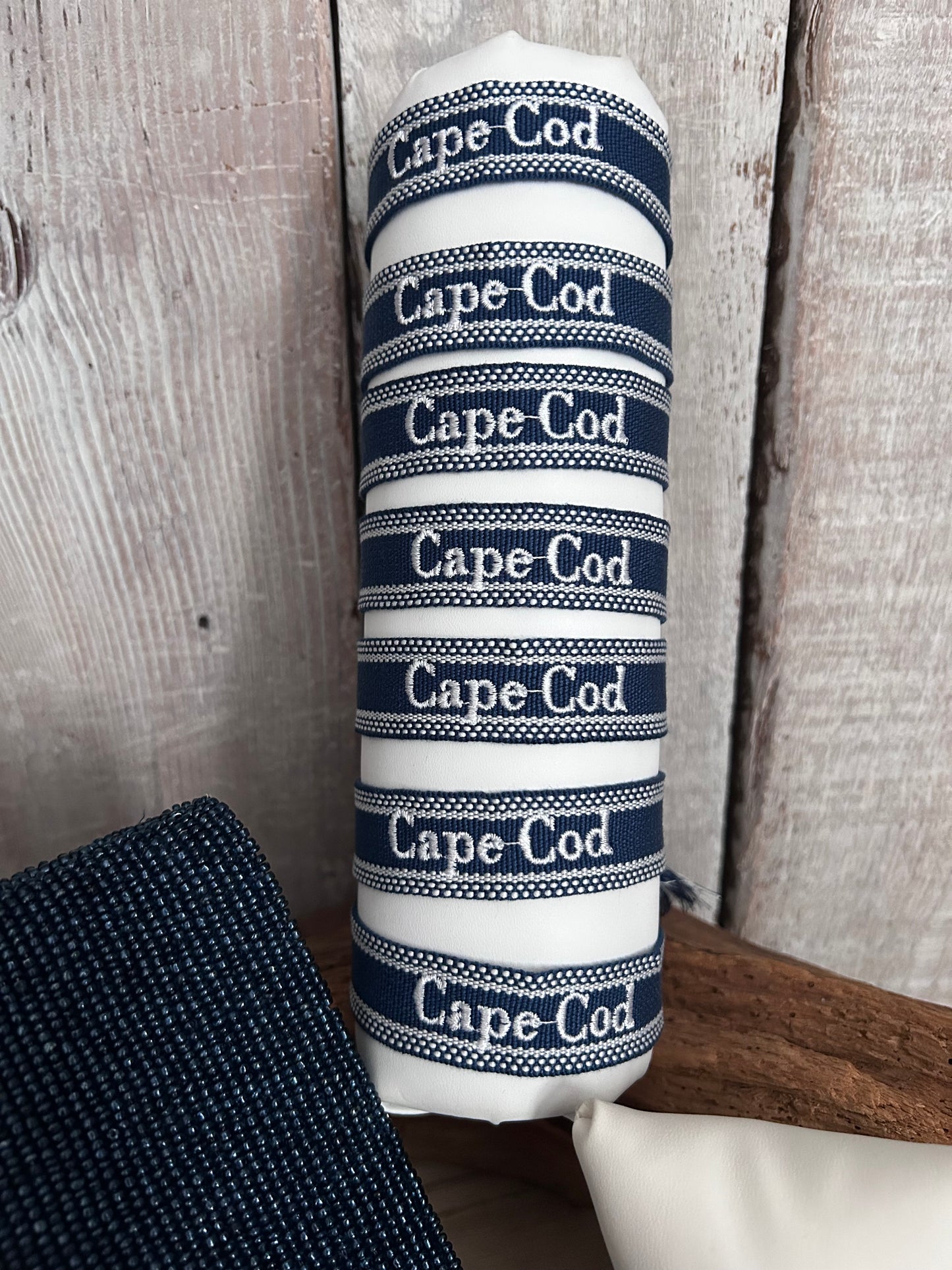 Beautiful Embroidered Cape Cod Bracelet – Navy Blue with White Lettering
