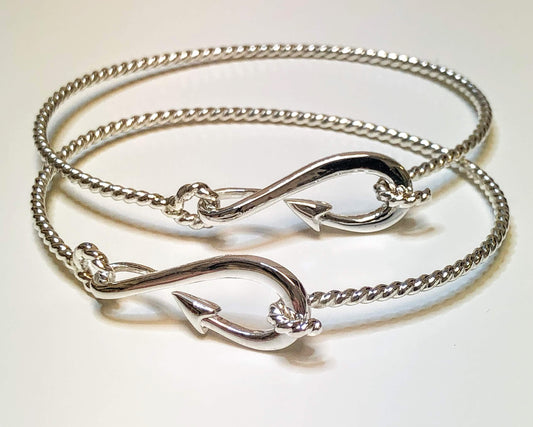 Sterling Silver Fish Hook Rope Bangle Bracelet