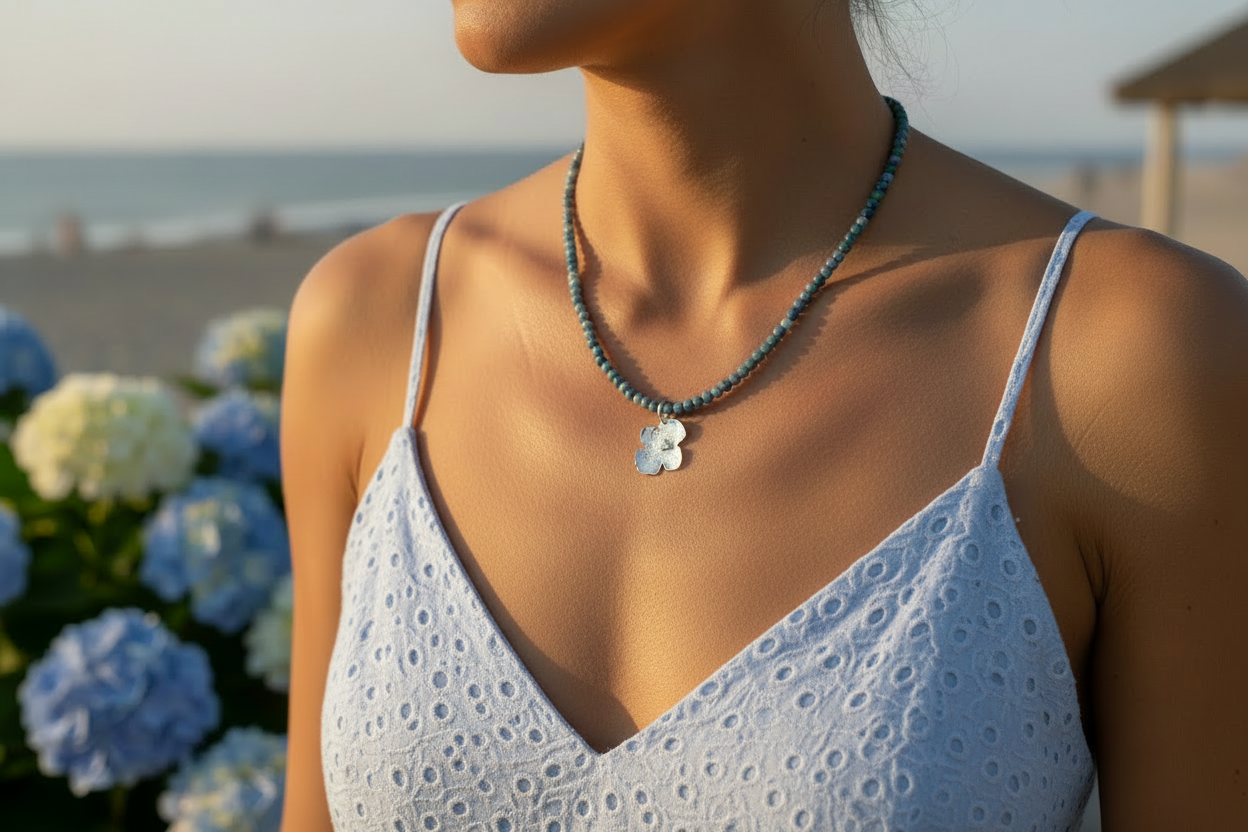 Sterling Silver Hydrangea Flower and Jade Beaded Necklace