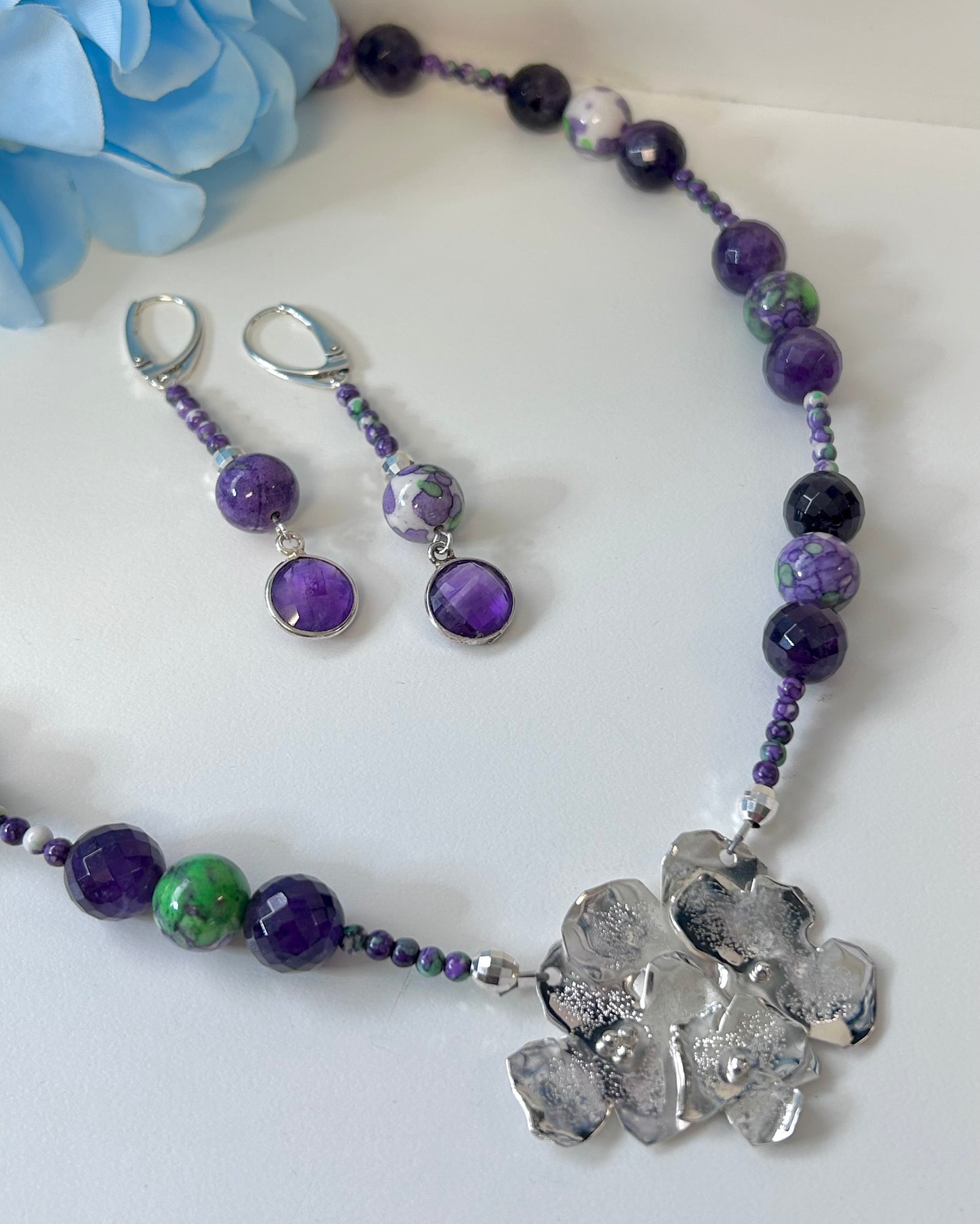 Hydrangea Blossoms Amethyst and Jade Necklace #11