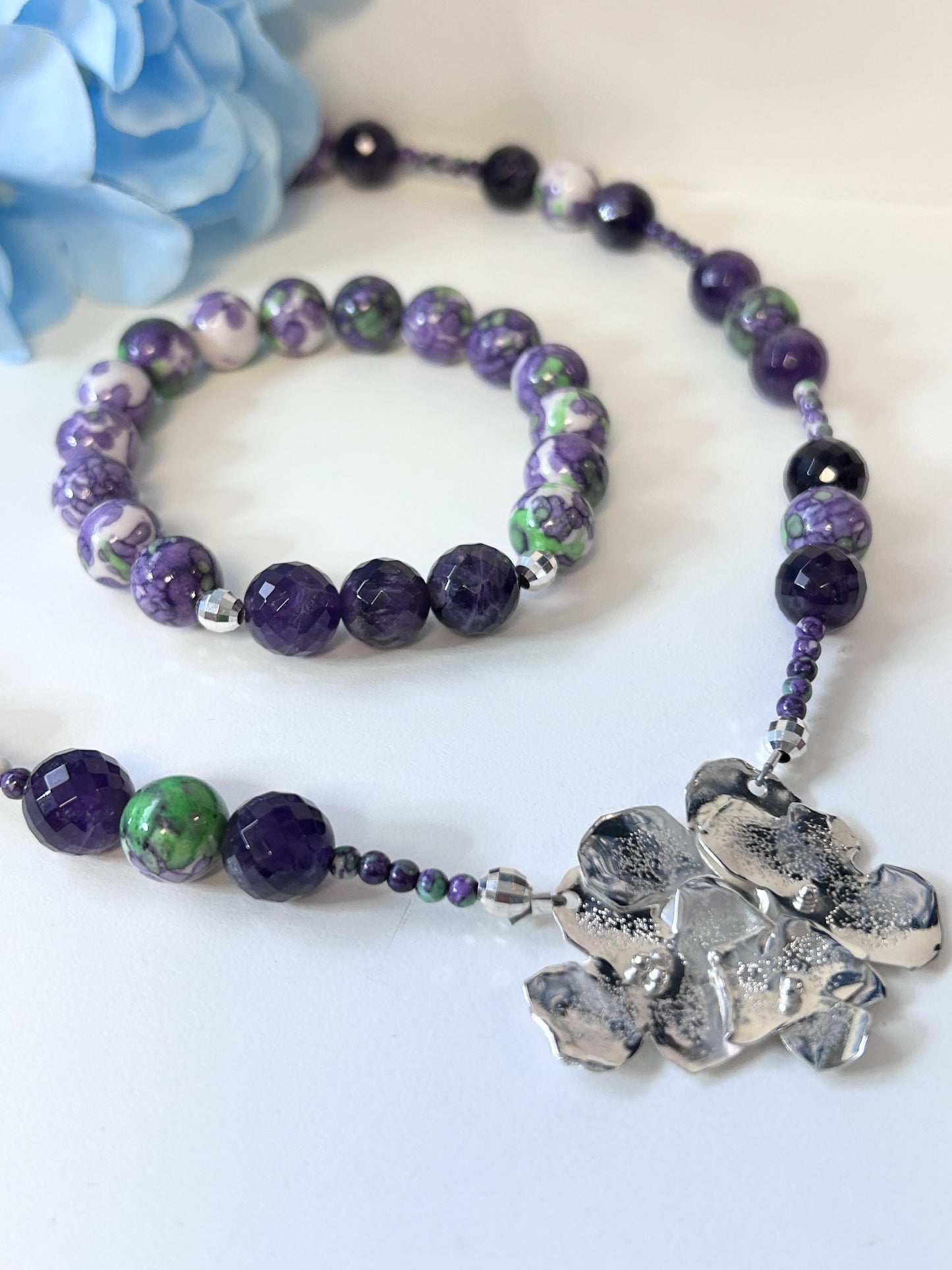 Hydrangea Blossoms Amethyst and Jade Necklace #11