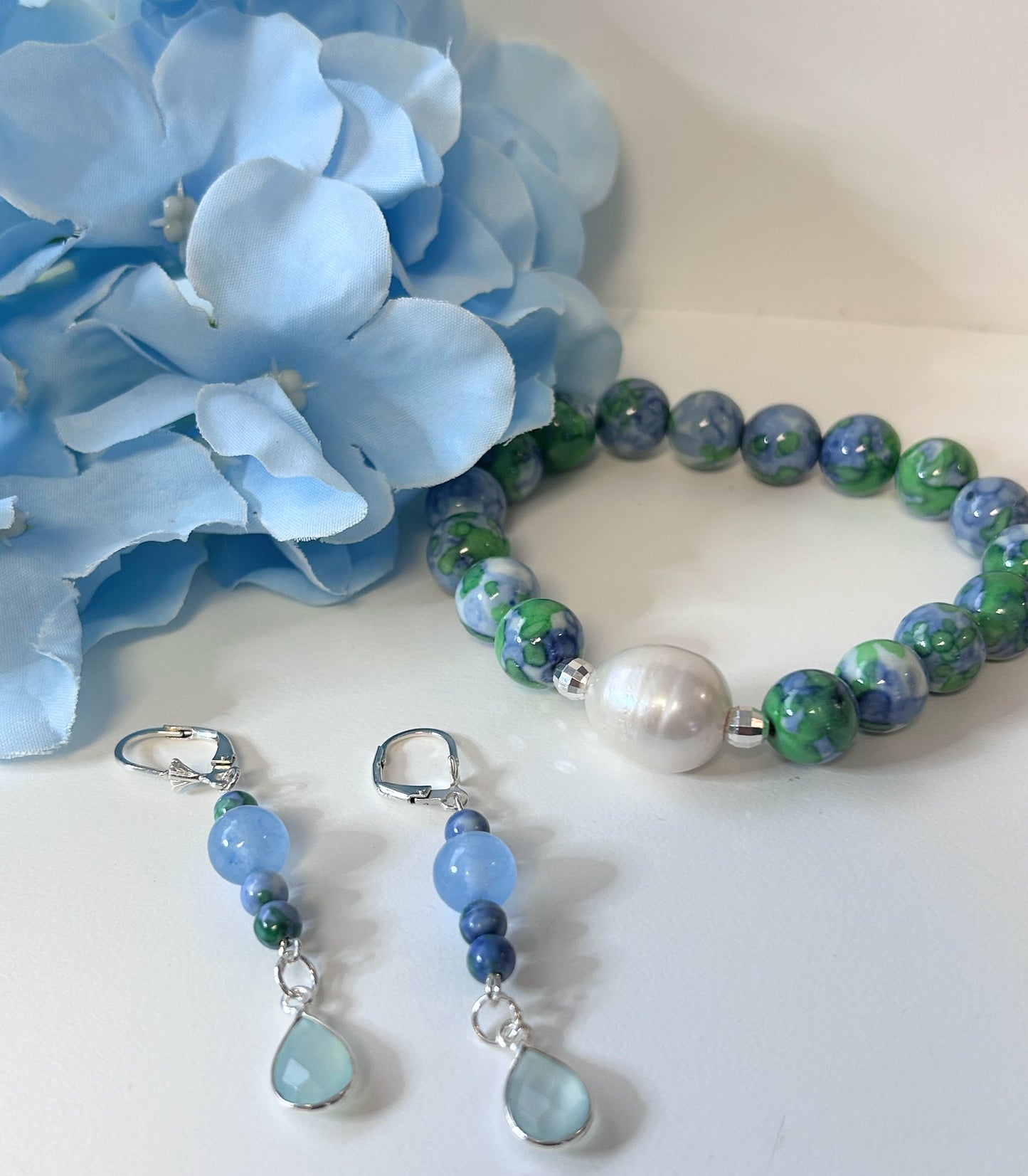 Blue Hydrangea Floral Jade and Freshwater Pearl Bracelet