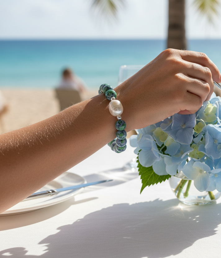 Blue Hydrangea Floral Jade and Freshwater Pearl Bracelet
