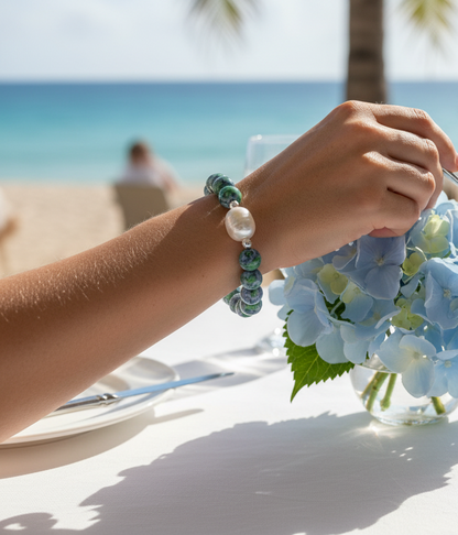 Blue Hydrangea Floral Jade and Freshwater Pearl Bracelet