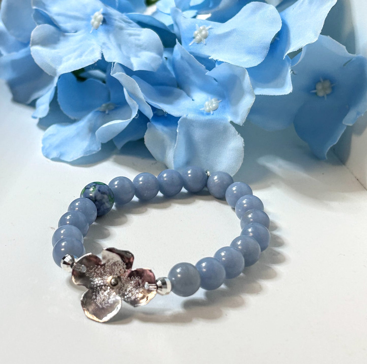 Sterling Silver Hydrangea Blossom Gemstone Bead Bracelet #34