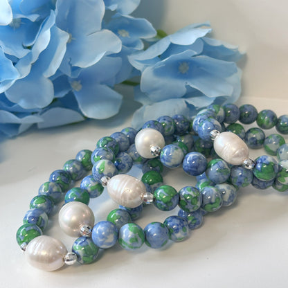 Blue Hydrangea Floral Jade and Freshwater Pearl Bracelet